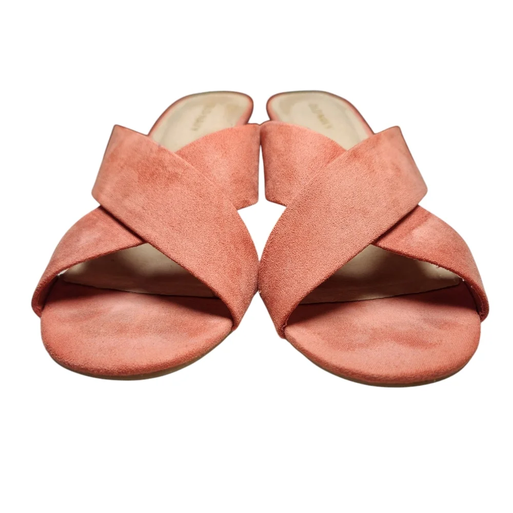 Old Navy Faux Suede Cross Strap‎ Coral Wedge Sandals Slides Desert Rose Orange 8